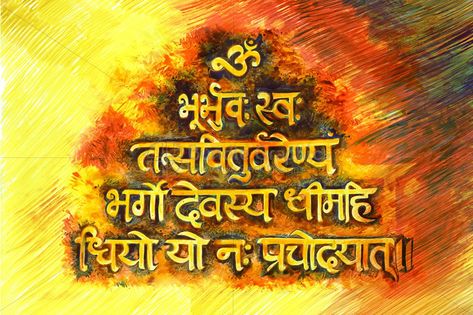 Gayatri Mantra-Sanskrit Calliagraphy by VecRas on @creativemarket Gayatri Mantra Wallpapers, Mantra Sanskrit, Universal Prayer, Mantra Tattoo, Hindi Calligraphy, Sanskrit Language, Sanskrit Mantra, Oneplus Wallpapers, Gayatri Mantra