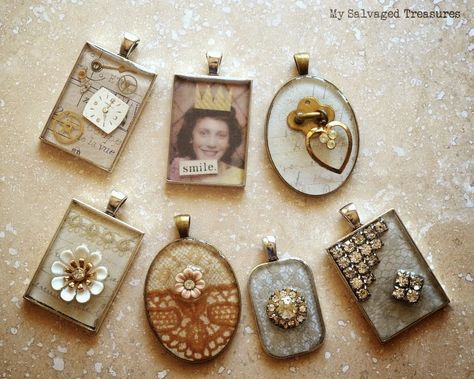 Make your own salvaged jewelry from anything! - My Salvaged Treasures featured on I Love That Junk Altered Jewelry, Ice Resin, Resin Pendants, Junk Jewelry, Mixed Media Jewelry, Resin Jewellery, Resin Projects, Repurposed Jewelry, Assemblage Jewelry