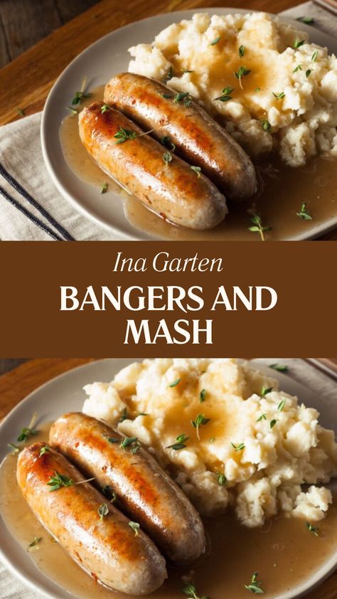 Ina Garten Bangers And Mash Mashed Potatoes For Two, Gravy Mashed Potatoes, Bangers And Mash Recipe, Steak And Ale, Vegetarian Sausages, Mash Recipe, Bangers And Mash, Classic French Dishes, Onion Gravy