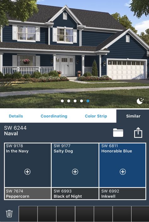 Navy Blue Houses Exterior, Navy Blue House Exterior, Beach House Exterior Paint Colors, Sw Naval, Navy House Exterior, Navy Blue Houses, Comfy Cottage, Dark Blue Houses, Blue Houses