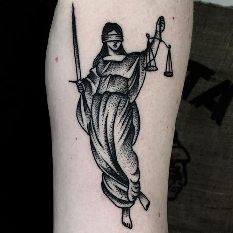 Statue Of Justice Tattoo, Lawyer Tattoo, Nemesis Tattoo, Justice Tattoo, Statue Tattoo, Traditional Tattoo Sleeve, Lady Justice, Pin Up Tattoos, E Tattoo