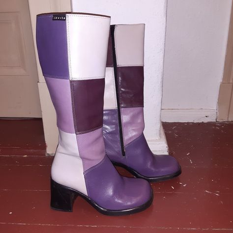 2000s Fashion Boots, Funky Boots, Alt Shoes, Patchwork Boots, Purple Boots, Fairytale Fashion, Funky Shoes, Gogo Boots, Leather Patchwork