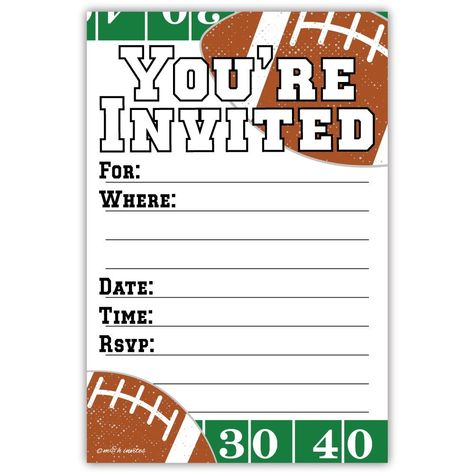 PRICES MAY VARY. Includes 20 Invitations With Envelopes 4" x 6" Cards Great for a football birthday or other football themed party Heavy-weight Matte Card Stock for easy fill in with many pen types Designed and professionally printed in USA Welcome your guests to your football themed party celebration with these colorful and fun invitations by m&h invites. Includes 20 Envelopes. Invites measure 4" x 6”. Heavy-weight matte card stock for easy fill in with many pen types. Football Birthday Cards, Football Themed Party, Iron Man Party, Superbowl Party Decorations, Football Party Invitations, Football Party Supplies, Football Theme Party, Fun Invitations, Football Birthday