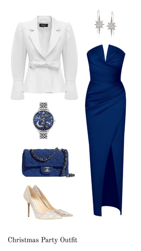 Christmas Party Outfit: blue dress, blue and silver accessories, white blazer. Blue Silver Outfit, Dress With White Blazer, Silver Outfits, Easy Hairstyles For Thick Hair, Classy Prom Dresses, Christmas Party Outfit, Blue Outfit, Silver Accessories, White Blazer