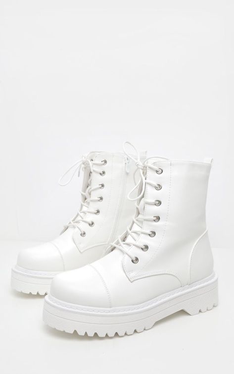 Fall shoe trends - White hiker boots, combat boots from Pretty Little Thing Fall Shoe Trends, White Combat Boots, Fall Shoe, Hiker Boots, Boots Combat, Lug Sole Boots, Shoe Trends, Pointed Toe Boots, Girly Shoes