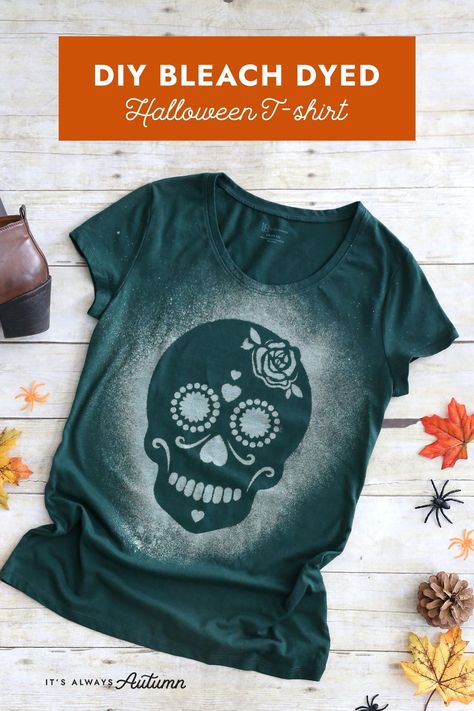 Diy Halloween T-shirts, Dollar Tree Bleach Shirt Halloween, Diy Halloween Sweatshirt Bleach, Halloween Bleach Shirts Diy, Bleach Tie Dye Halloween Shirts, Bleach Shirt Diy Ideas Stencils, Diy Halloween Tshirts, Bleach Dye Shirts Design, Bleach Halloween Shirt Diy