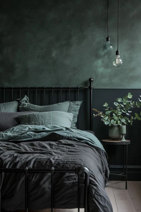 25 Inspiring Black Metal Bed Frame Bedroom Ideas - Roomy Retreat Sage And Black Bedroom, Black Metal Bed Frame Bedroom, Metal Bed Frame Bedroom, Metal Bed Frame Bedroom Ideas, Dark Modern Bedroom, Spooky Room, House Paints, Black Metal Bed Frame, Bed Frame Sets