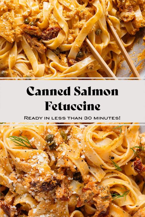 Creamy Canned Salmon Pasta Salmon Canned Recipes, Canned Salmon Pasta, Tinned Salmon Recipes, Pasta Lunch Recipes, Chicken For Two, Dinner Ideas Low Carb, Easy Fall Desserts, Shrimp Coconut, Boiled Shrimp