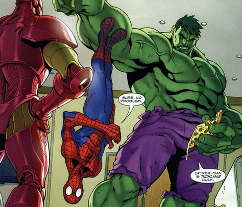 Spider man sticking to the Hulk Marvel Hulk, Hulk Comic, Man Spider, The Hulk, Captain America Civil, Spiderman Comic, Speech Bubble, Comic Panels, Avengers Assemble