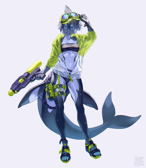 Teach Wear, Shark Mermaid, Shark Illustration, Twitter Art, Shark Girl, Tech Wear, Neon Noir, Magical Creature, Badass Style