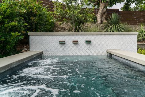 Tiled Water Feature, Modern Pool Water Feature, Moroccan Pool, Fish Scale Tiles, Waterline Pool Tile, Backyard Vibes, Waterline Tile, Yosemite Waterfalls, Pool Tile Designs