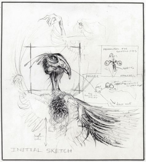 Sketch for bird puppet mechanisms, by Andreas Engel Puppet Design Sketch, Marionette Puppet Character Design, Puppet Master Art, Dark Puppet Master Art, Rod Puppet Mechanism, Rod Puppet, Puppet Design, Bird Puppet, Imaginary Creatures