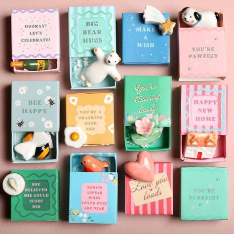 Whether you're looking for a sweet little gift or a special something to remind someone of how great they are, these ceramic tokens are the perfect choice. These tiny colorful matchboxes feature an even tinier ceramic token inside, glazed and glossy and ready to sit on a shelf or in someone's pocket. The top of the box features a different sweet saying for each design! Designed and sourced by a women-owned company based in the UK. Tiny Matchbox Ceramic Token - Flower Made of ceramic Imported Sushi Love, Mini Figurine, Online Gift Shop, Ceramic Christmas Trees, Ceramic Gifts, Sweet Quotes, Baby Christening, Christmas Tree With Gifts, Bff Gifts