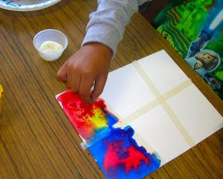 Kindergarten color mixing primary colors lesson plan art project watercolor masking tape salt, After cleaning up, the kids came to the rug for a reading of Mouse Paint to again reinforce mixing primary colors. What a fun day it was!! Colors Lesson Plan, Lines Kindergarten, Science Prek, Color Lesson Plans, Art Kindergarten, Adaptive Art, Mixing Primary Colors, Mouse Paint, First Grade Art