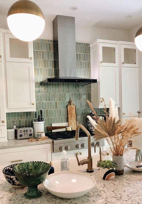 Soft Green Kitchen Backsplash, Wooden Cabinets Green Backsplash, Sea Green Backsplash Kitchen, Green Cabinets Blue Backsplash, Zellige Tile Kitchen Backsplash Green, Decorative Tile Backsplash Kitchen, Green Accents In Kitchen, Jade Green Backsplash, Green Tile In Kitchen