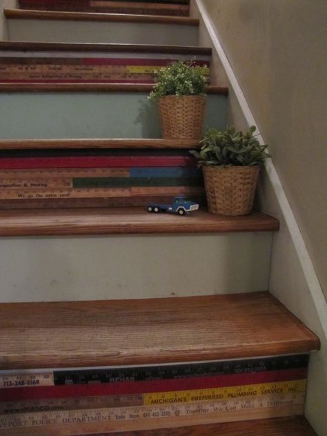 Yardstick Staircase with every other step. Love this too. Painted Steps, Carpeted Stairs, Basement Steps, Stairway Wall, Decorating On A Dime, Yard Sticks, Diy Staircase, Staircase Decor, Basement Stairs