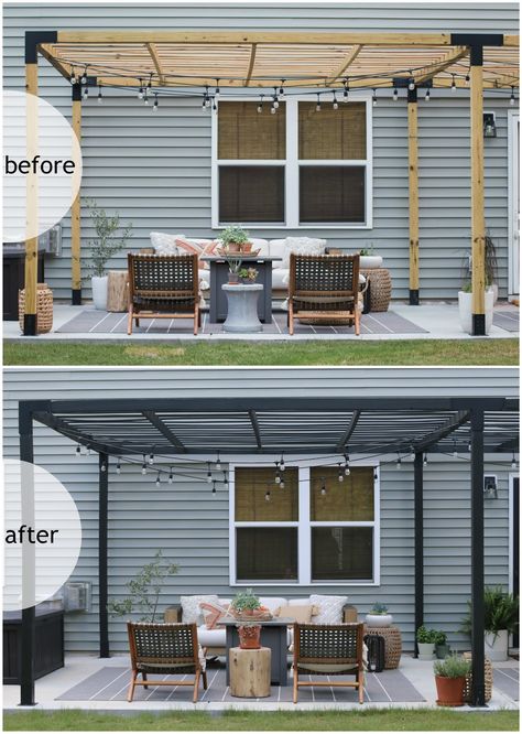 We Stained Our Pergola- Here's How We Did It Stump Table Outdoor, Chic Patio, Black Pergola, Weathered Furniture, Building A Pergola, Modern Pergola, Beautiful Patios, Patio Makeover, Diy Pergola