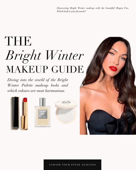 The Bright Winter makeup guide 🖤 . #coloranalysis #colouranalysis #brightwinter #meganfox #brightwintercolors #brightwinterinspiration #coloranalyst Bright Winter Neutral Outfits, Bright Winter Makeup Palette, Bright Winter Makeup Looks, Bright Winter Makeup, Bright Winter Color Palette, Bright Winter Outfits, Winter Skin Tone, Winter Bright, Colour Season