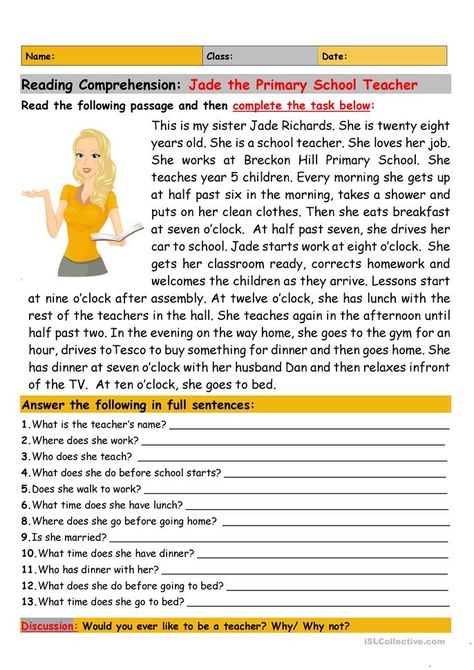 Reading Comprehension: Jade the Primary School Teacher - English ESL Worksheets for distance learning and physical classrooms Esol Resources Teaching English, Elementary English Activities, Jobs Reading Comprehension, English Reading Skills, English Conversation For Kids, Esl Reading Comprehension, Birthday Concept, Reading Comprehension Texts, Text English