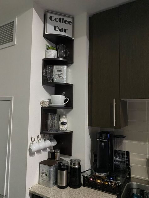 Small Space Coffee Bar, Coffee Bar Corner, Coffee Vibes Aesthetic, Kitchen Counter Coffee Bar, Coffee Bar In Kitchen, Coffee Bar Decor Ideas, Counter Coffee Bar, At Home Coffee Bar, Coffee Styles