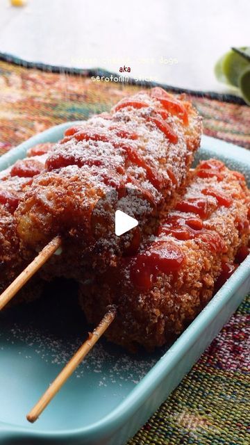 shivangi pithisaria on Instagram: "it was a beautiful and shining day ft. korean cheese corn dogs aka serotonin sticks

batter:
1/2 cup all purpose flour
1/2 tsp active dry yeast 
1/2 tsp baking powder 
salt
1 tbsp sugar 
1/3 cup warm water (+1 tbsp water if required)

mozzarella sticks - all purpose flour - yeast batter - panko - deep fry for 1-2 min on medium high till golden on all sides

crisp cheesy sticks - ketchup - mustard - sugar so so good

#reels #reelsinstagram #reelitfeelit #foodporn #vegetarian #whatieat #yummy #tasty #trending #viral #foryou #explore #explorepage #trending #foodreels #shivangipithisaria #trendingreels #youtuber #easyrecipe #mozzarellacheesesticks #mozzarella #korean #koreanfood #corndog #corndogmozarella #cheesepull #homemade #koreancorndog #asianfood #homet Cheese Corn Dogs, Korean Cheese Corn, Mozzarella Cheese Sticks, Cheese Corn, Active Dry Yeast, Deep Fry, Mozzarella Sticks, All Purpose Flour, Corn Dogs