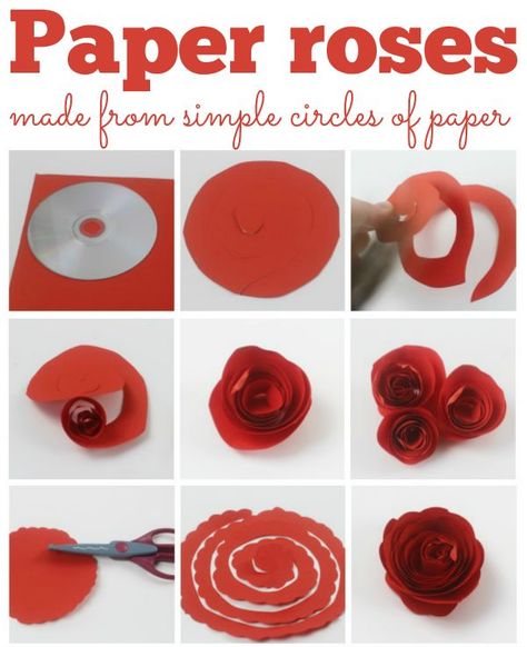 Paper roses, these fab paper roses are made from just a circle of paper and are easy to make. Perfect for mothers day or a home made gift. Vika Papper, Diy Papier, How To Make Paper Flowers, Seni Origami, Make Paper, Mother's Day Diy, Paper Flowers Diy, Mothers Day Crafts, Valentine Day Crafts