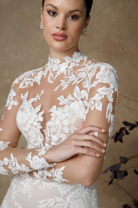 High Neck Lace Wedding Dress, Illusion Lace Wedding Dress, Illusion Neckline Wedding Dress, Justin Alexander Wedding Dress, Illusion Wedding Dress, Flare Wedding Dress, Wedding Dress Cake, Bridal Dresses Lace, Long Sleeve Wedding Dress Lace