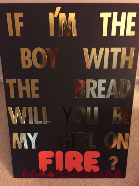 Hunger Games Promposal sign Hunger Games Hoco Proposal, Hunger Games Promposal, Prim Hunger Games, Prom Poster, Hoco Signs, Hunger Games Theme, Prom Invites, Cute Promposals, Dance Proposals