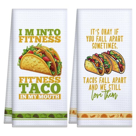 PRICES MAY VARY. 【Taco Funny Gifts Kitchen Towels 】: The decorative kitchen towels are printed with 2 patterns styles, with funny funny punny as a charming kitchen bathroom decoration can quickly capture the attention of others and show your taste, bringing life into your house. can bring you a good mood when using. 【Eye-catching decoration】: Our housewarming gifts kitchen towels printed with stylish, unique and cute patterns. They are also perfect for your home and kitchen decor by hanging on t Kitchen Towels Crafts, Taco Gifts, Mexican Kitchen, Chicken Kitchen, Mexican Kitchens, Decorative Set, Decorative Kitchen Towels, Charming Kitchen, Funny Kitchen