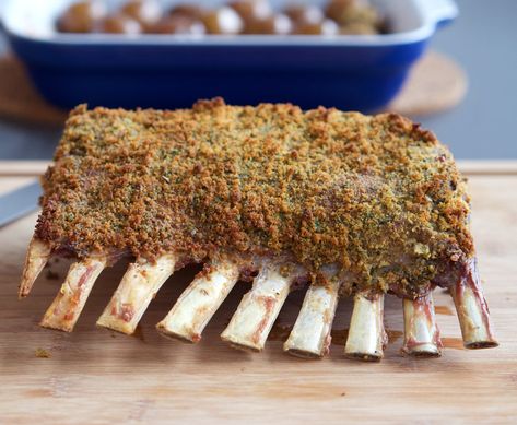 golden breadcrumbs enrobe the rack of lamb fresh from the oven Rack Of Lamb Recipes Oven, Rack Of Lamb Recipes, Lamb Recipes Oven, Roast Rack Of Lamb, Crusted Rack Of Lamb, Herb Rack, Heritage Recipes, Weekend Dinner, Rack Of Lamb