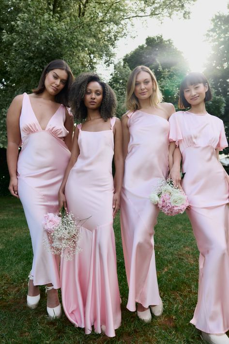 Caitlin Crisp Bridal Wedding Pink Dress Bridesmaid, Candy Pink Wedding Color Schemes, Pink Different Bridesmaid Dresses, Pink Bridesmaid Aesthetic, Bridesmaids Satin Dresses, Pink Pastel Bridesmaid Dresses, Ballet Pink Bridesmaid Dresses, Bridesmaids Pink Dresses, Reformation Bridesmaid Dresses