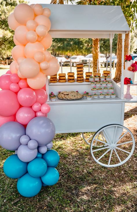 Cart With Balloons, Dessert Cart, Sweet Cart, Kids Party Balloons, Taco Twosday, Sweet Carts, Wooden Cart, One Year Birthday, Sign Business