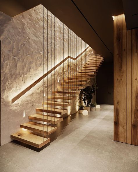 @hilight.design on Instagram: “Moving on. A staircase and everything that surrounds it is a pure art 🙌🏻 A wall texture, inspired by snowy mountains, suspended steps…” Modern Homes Design, Open Staircase Ideas, Stairs Design Interior, Vibrant Living Room, Escalier Design, Staircase Ideas, Open Staircase, Stairs Design Modern, Floating Stairs