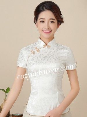 White Floral Mandarin Collar Qipao / Cheongsam Top - CozyLadyWear Qipao Top, Chinese Top, Chinese Blouse, Cheongsam Top, Cheongsam Modern, Traditional Dresses Designs, Chinese Collar, Qipao Cheongsam, Cheongsam Dress