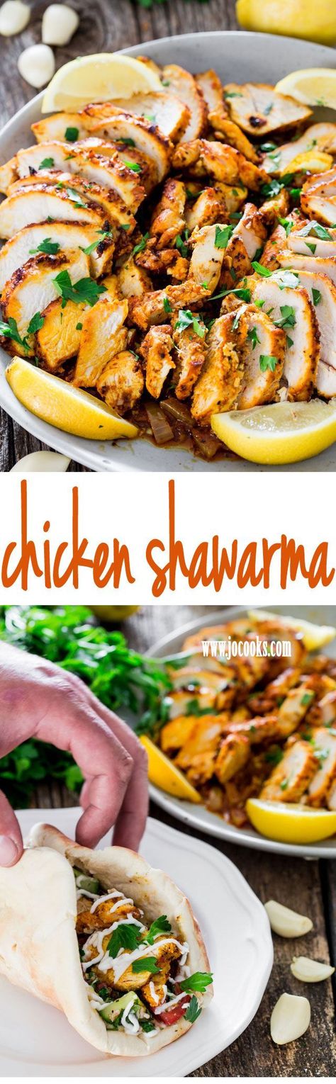 Learn how to make this super Easy Oven Roasted Chicken Shawarma, plus an out of this world garlic sauce and prepare your own chicken shawarma wraps. Beats takeout or fast food! Swarma Chicken, Arabisk Mad, Chicken Shawarma Wrap, Doner Kebab, Oven Roasted Chicken, Easy Oven, Chicken Shawarma, Lebanese Recipes, Middle Eastern Recipes