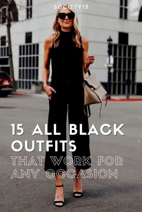 Work Outfits Women All Black, Classy Black Work Outfits, All Black Outfits For Petite Women, Black Work Wardrobe, Womens Black Outfits Classy, Dressing In Black Outfits, Solid Black Outfits For Work, Women’s Black Pants Outfit, Black Summer Outfits 2023