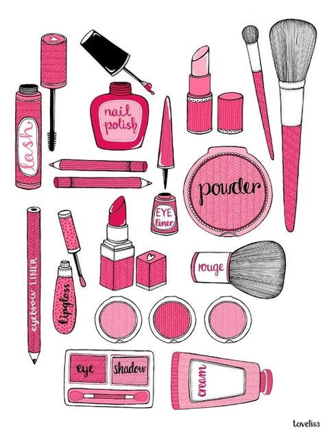 Illustrated in Pink - Love all these gorgeous pink products! #BeautyforBreastCancer #FragranceNet Makeup Doodles, Makeup Expiration Guide, Makeup Expiration, Makeup Wallpaper, Makeup Illustration, Makeup Drawing, Paper Dolls Diy, Eyebrow Liner, Paper Doll Template