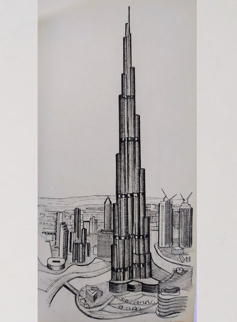 The tallest buildings in the world in miniature 828-metre, Burj Khalifa in Dubai in 18,5 cm, my drawing, architecture, UAE, Asia Burj Khalifa Drawing, Dubai Burj Khalifa, Disney Drawing Tutorial, Ing Civil, Khalifa Dubai, Architecture Drawing Sketchbooks, Perspective Drawing Architecture, Interior Architecture Drawing, Art Sketches Doodles