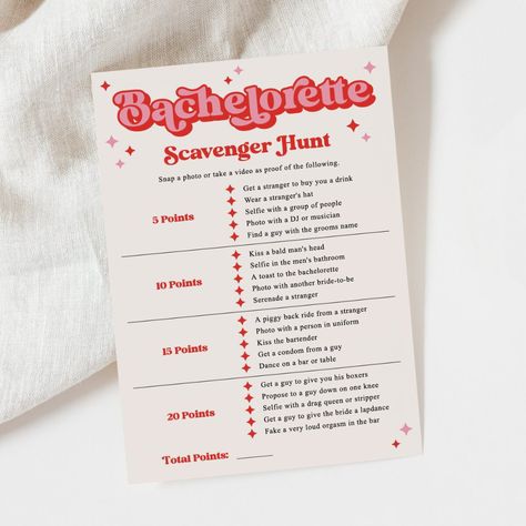 Bride to be Scavenger Hunt Instant Download | Retro Pink Theme Bride Scavenger Hunt, Bachelorette Scavenger Hunt Ideas, Bachelorette Activities, Bachelorette Party Scavenger Hunt, Bachelorette Party Essentials, Bachelorette Party Unique, Bachelorette Scavenger Hunt, Bachelorette Party Activities, Bachelorette Party Theme