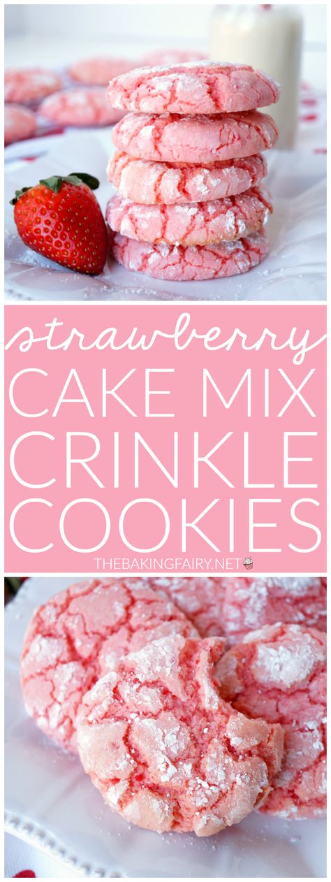 Strawberry Box Cake Cookies, Box Cake Mix Crinkle Cookies, Strawberry Cake Cookies Mix Boxes, Box Cake Crinkle Cookies, How To Serve Cookies At A Party, What To Make With Strawberry Box Cake, Strawberry Box Cake Mix Recipes, Strawberry Crinkle Cookies Recipe, Box Cake Cookies