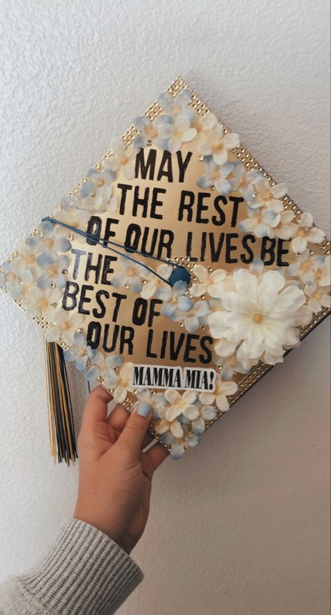 Grad Cap Ideas Mamma Mia, Aesthetic Craft Ideas For Teens, Zach Bryan Grad Cap, Hannah Montana Grad Cap, Mama Mia Graduation Cap, Senior Grad Cap Ideas, Mamma Mia Graduation Cap, Grad Caps Decorated, Highschool Graduation Cap Designs