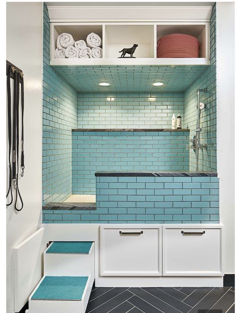 Dog Bathing Station, Washing Station, Dog Spa, Dog Washing Station, Dog Spaces, Dream Laundry Room, Dog Grooming Salons, Fireclay Tile, Laundry Room Remodel