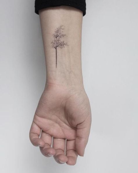 Hand poked windy tree tattoo by Lara M.J. Tiny Tree Tattoo, Simple Tree Tattoo, Tree Tattoo Forearm, Tree Tattoos, Shape Tattoo, Handpoke Tattoo, Stick N Poke Tattoo, Hand Poked Tattoo, Stick N Poke