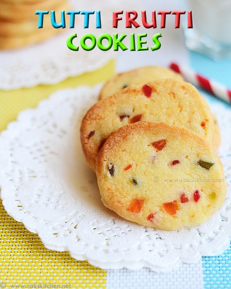 Egg free cookies recipe with candied payapa (tutti frutti) | Eggless tutti frutti recipe Karachi Biscuits, Egg Free Cookies Recipes, Eggless Cookie Recipes, Egg Free Cookies, Eggless Chocolate Chip Cookies, Biscuits Cookies, Eggless Recipes, Cookie Recipes Homemade, Eggless Baking