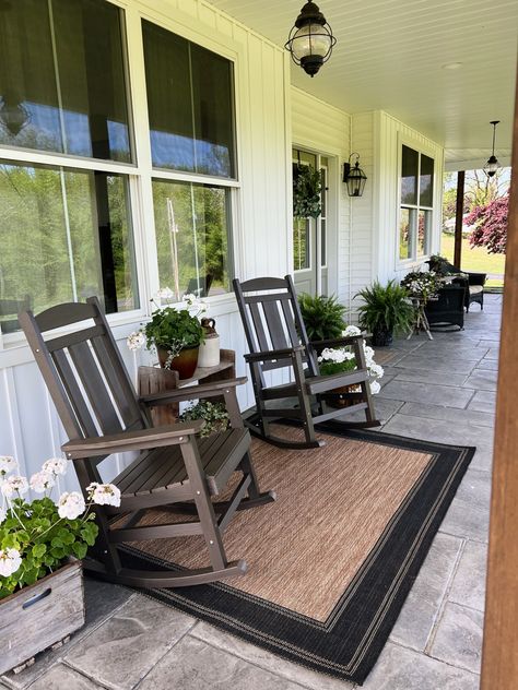 Front porch rockers, weather durable rocking chairs, country homes front porch, front porch decor ideas, whites and woods porch decor, antique porch decor, cozy porch Front Porch Rockers, Rocking Chair Front Porch, Farmhouse Porch Decor, Adirondack Rocking Chair, Porch Life, Bar Height Chairs, Rocking Chair Porch, Porch Rocker, Rocking Chair Set