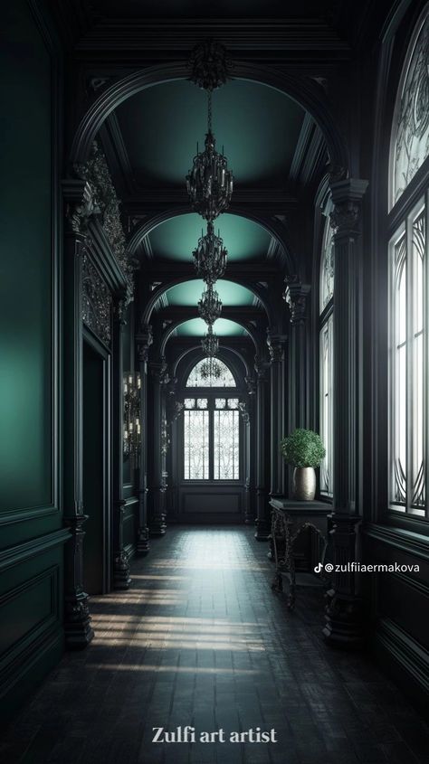 Gothic Style Houses Interior, Hidden Mansion In The Woods, Dark Green Gothic Aesthetic, Goth Hallway, Dark Academia Hallway, Dark Academia Space, Gothic Mansion Interior, Villain House, Gothic Victorian House Interior