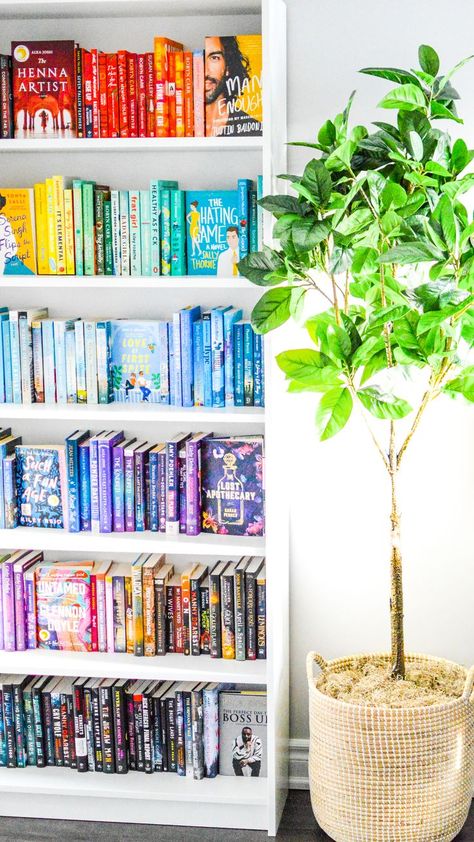 My ROYGBIV - Colour coordinated bookshelf!🌈 Rainbow Bookshelves, Ikea Cube, Rainbow Shelves, Bookshelf Styling Living Room, Rainbow Bookshelf, Colorful Bookshelf, Styling Living Room, Bookshelf Makeover, Rainbow Library