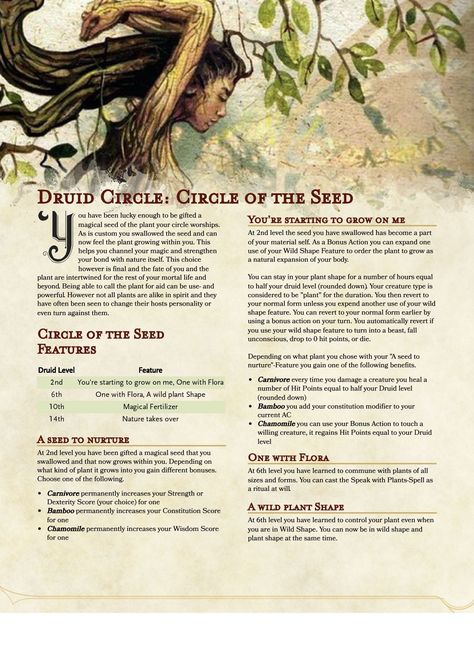 (Druid) Circle Of The Seed Dnd Sorcerer, Dnd Druid, Wild Shape, D D Classes, Dnd Classes, Dnd Races, Dungeons And Dragons 5e, Dungeons And Dragons Classes, Dnd 5e Homebrew