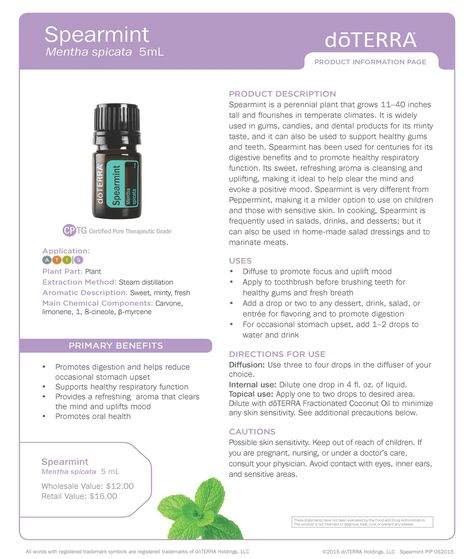 DOTERRA SPEARMINT PRODUCT INFO. Find your CPTG essential oils and more at www.mydoterra.com/dianesulzer Terra Essential Oils, Doterra Breathe, Doterra Oils Recipes, Doterra Diffuser, Doterra Oil, Essential Oils 101, Doterra Essential Oils Recipes, Spearmint Essential Oil, Essential Oils Health