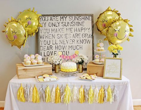 You Are My Sunshine 1st First Birthday Party Theme - Decor - Decoration - Cake Table - Dessert Sunshine Birthday Theme, Sunshine First Birthday, Buffet Dessert, Sunshine Birthday Parties, Sunshine Baby Showers, Decorating Party, Sunshine Birthday, 1st Birthday Themes, First Birthday Party Themes